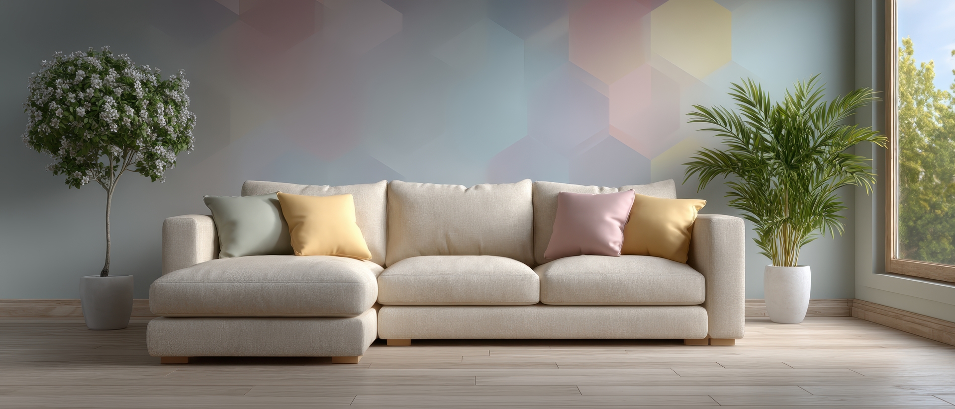 cozy living room scene featuring a beige sectional sofa with decorative pillows bright and inviting ambiance